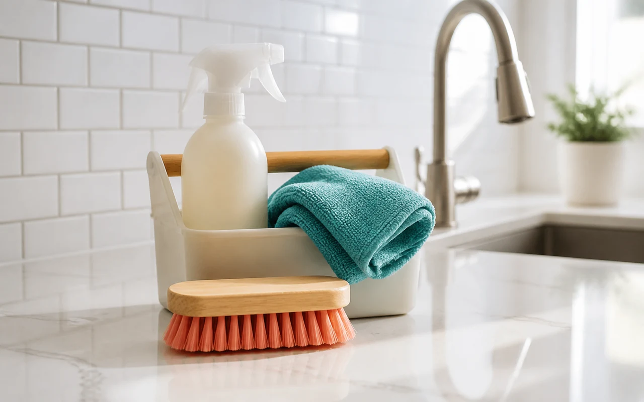 Cleaning tools beside a polished kitchen counter