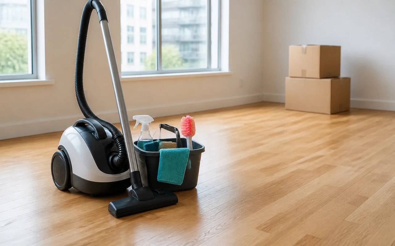Vacuum and cleaning kit in an empty Spokane apartment