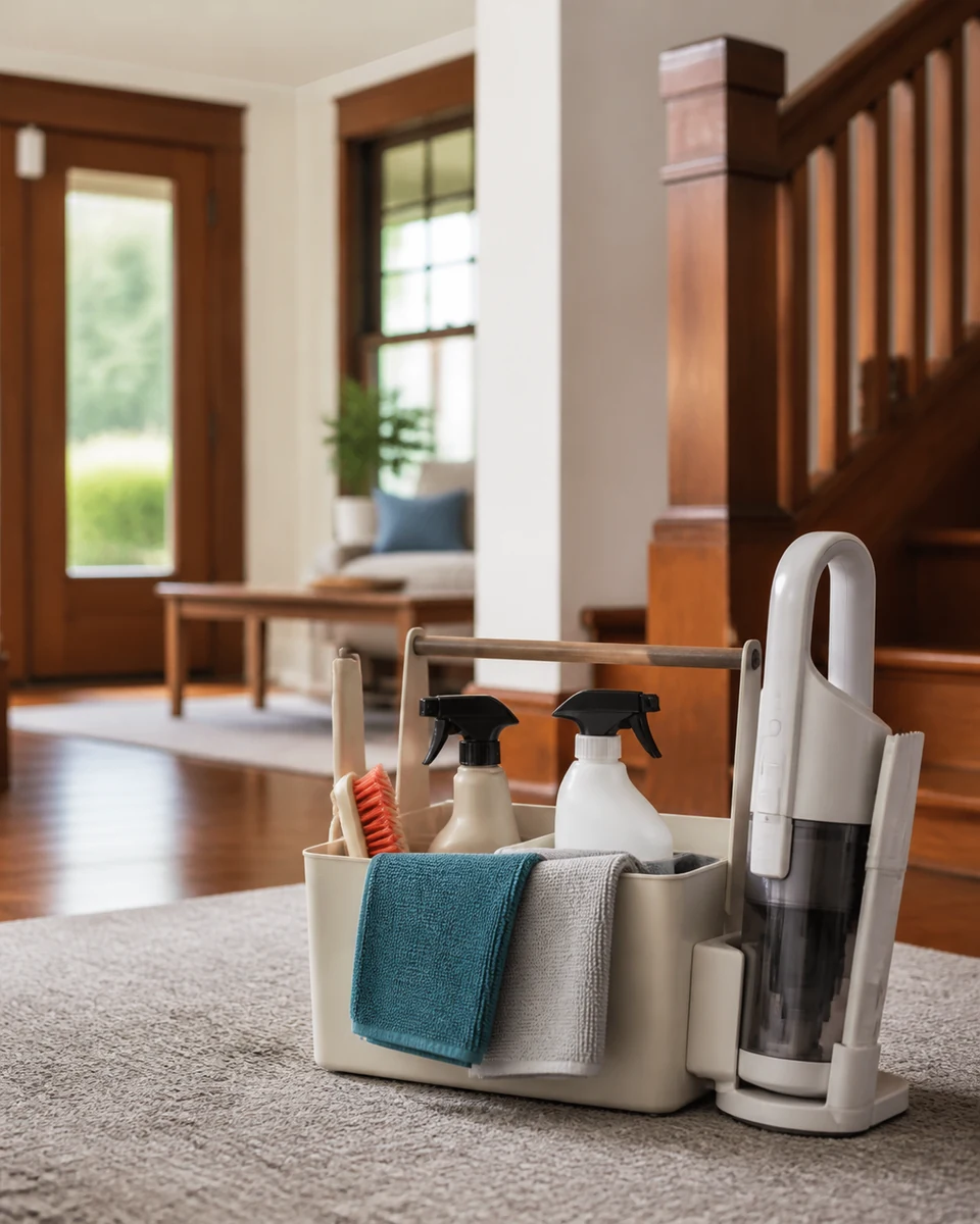 Cleaning cloths, bottles, and vacuum arranged in a Spokane home