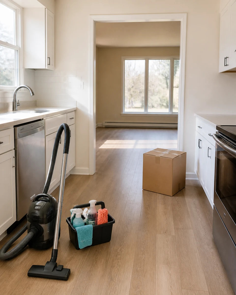 Freshly cleaned empty kitchen with moving boxes near the doorway
