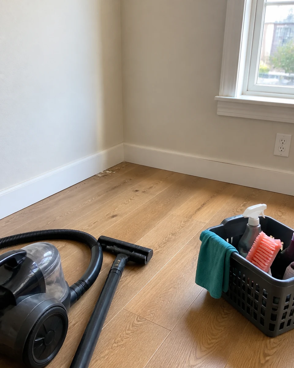 Dust along an empty room baseboard during move-out cleaning
