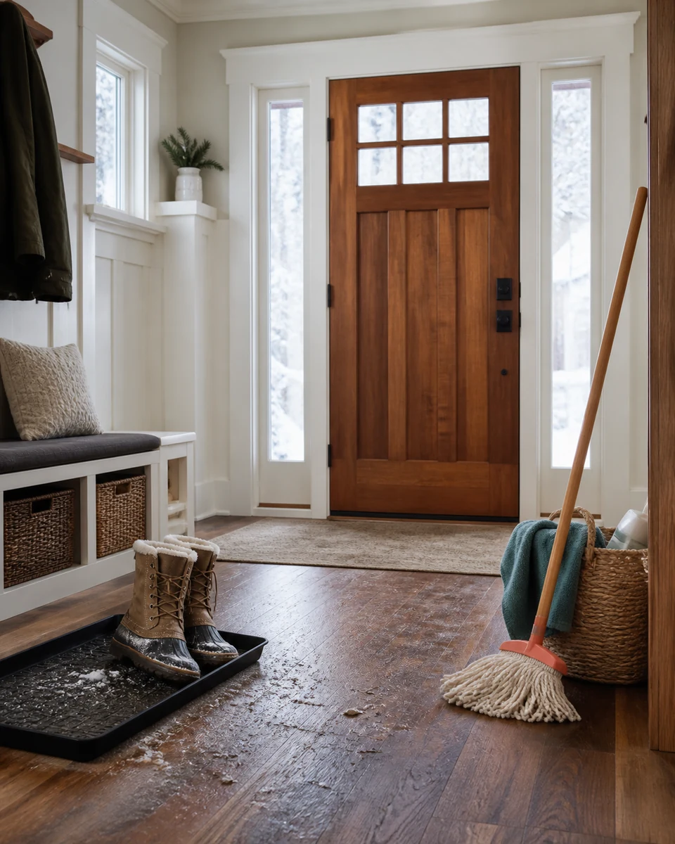 Cleaning supplies near a Spokane home entryway with winter grit