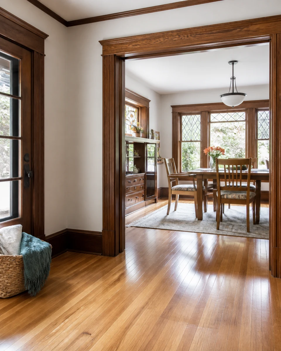Clean wood floors and detailed trim in an older Spokane house